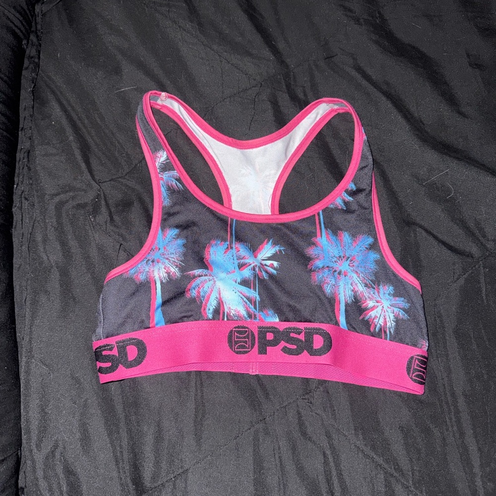 PSD Black Sports Bra with Blue Palm Print and Pink Trim